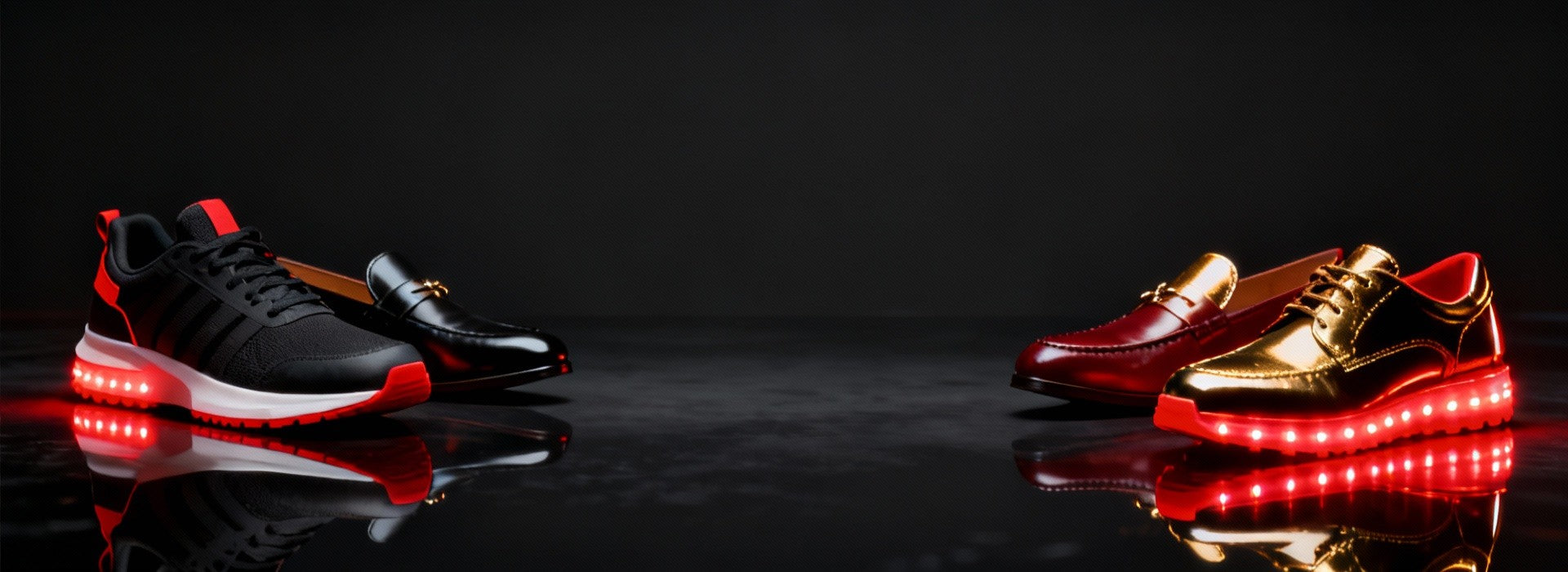 Two pairs of LED-lit shoes, one black and red, the other gold and red, on a reflective surface with a dark background.