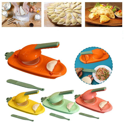 Dumpling maker with colorful handles on a white background