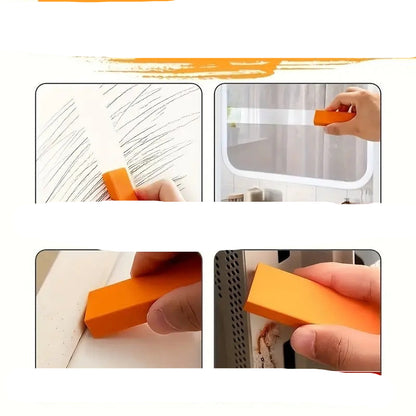 Orange cleaning tool being used on various surfaces with text indicating its versatility.