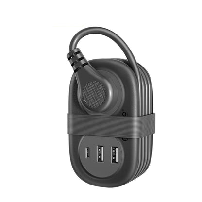 Black 5-in-1 multi-port adapter with AC outlets and USB ports on a white background