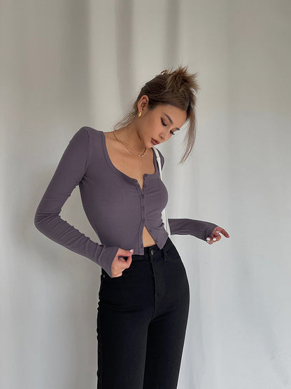 Homemade Super Revealing Figure With Collarbone Exposed Long Sleeved High Waisted Short Top That Spicy Girls Love To Wear