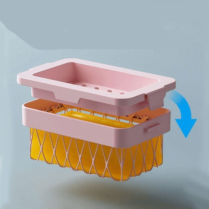 Pink and yellow device with a large snap button on a light blue background