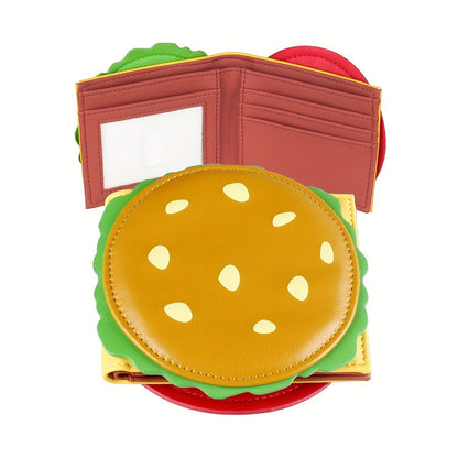 Hamburger-shaped wallet with open design on a white background