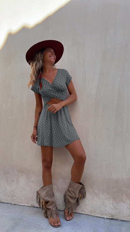 Short-sleeved Printed Short Dress