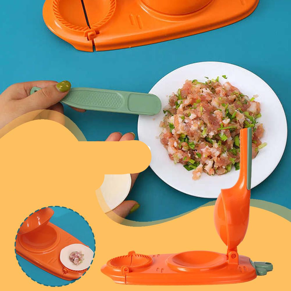 Dumpling maker with a plate of uncooked dumpling filling on a colorful background