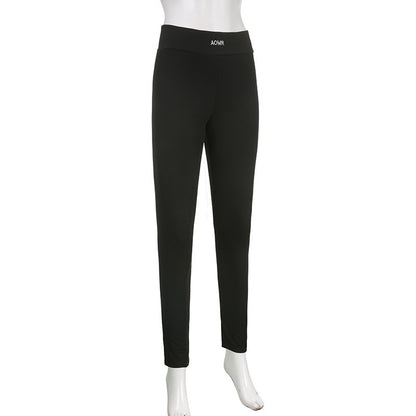 Solid Color Knitted Letter Body-Hugging Suit - Long Sleeve Top & High Waist Leggings Set