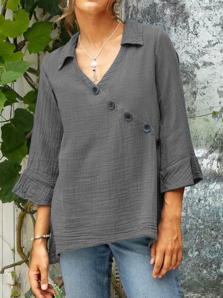 Women's Cotton And Linen Button V-neck Shirt Top