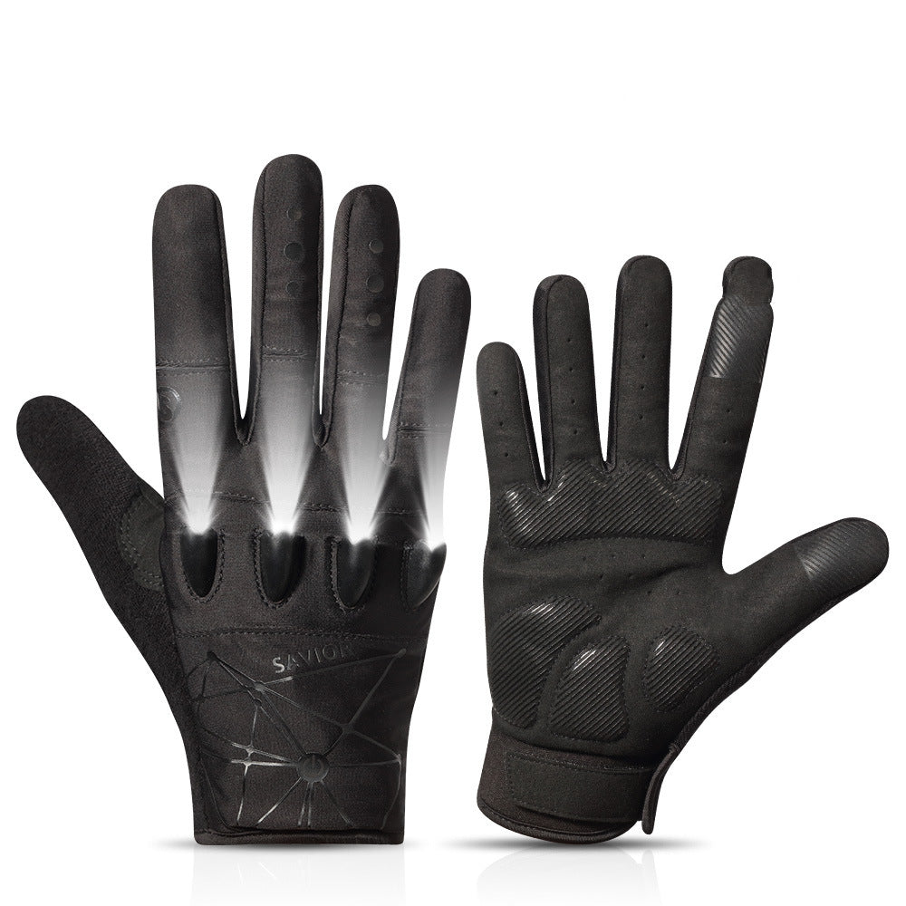 Black gloves with reflective accents on a white background