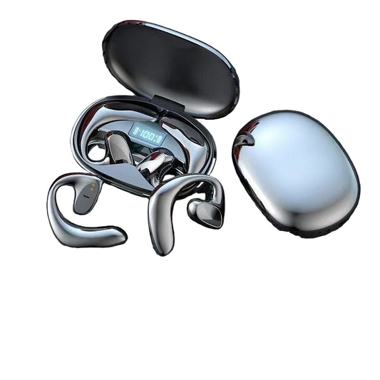 Wireless earbuds with charging case on a textured surface