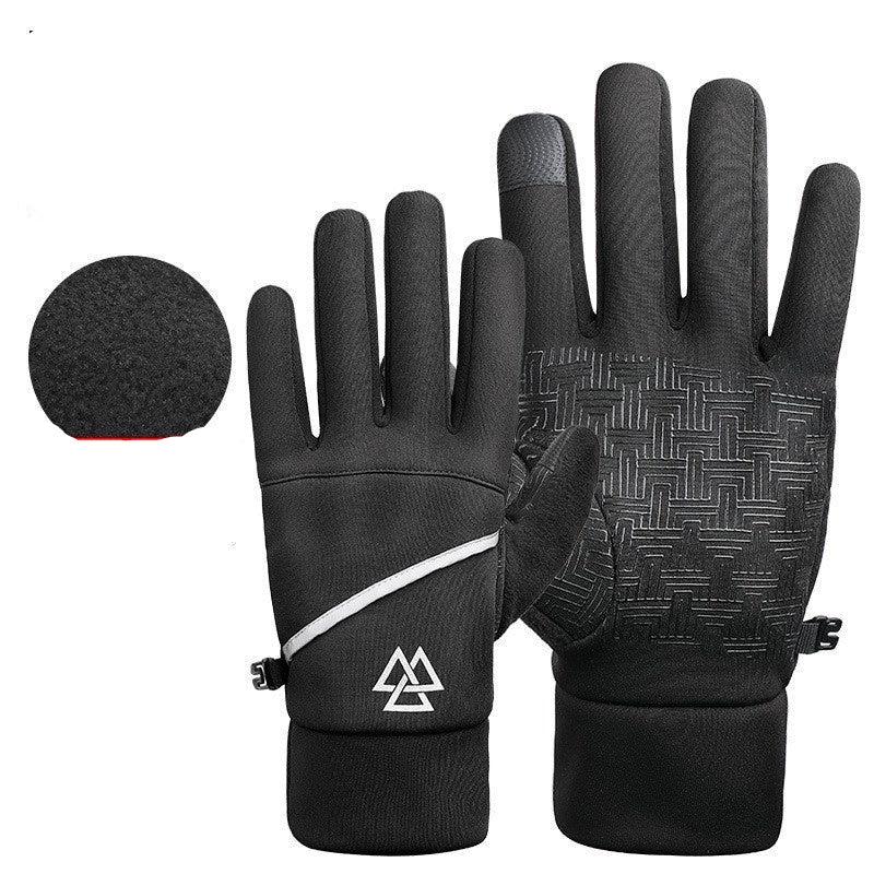 Black gloves with screen printing and composite polar fleece, featuring a brand logo.