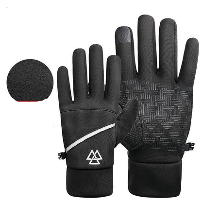 Black gloves with screen printing and composite polar fleece, featuring a brand logo.