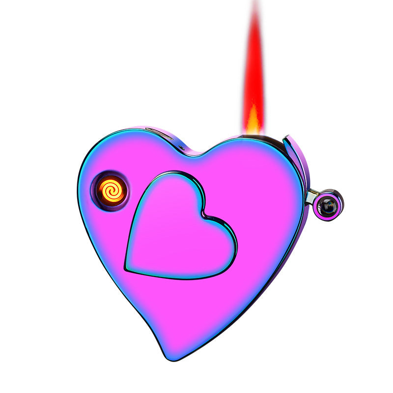 Heart-shaped object with a red light on a white background