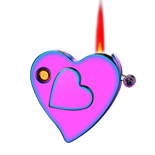 Heart-shaped object with a red light on a white background