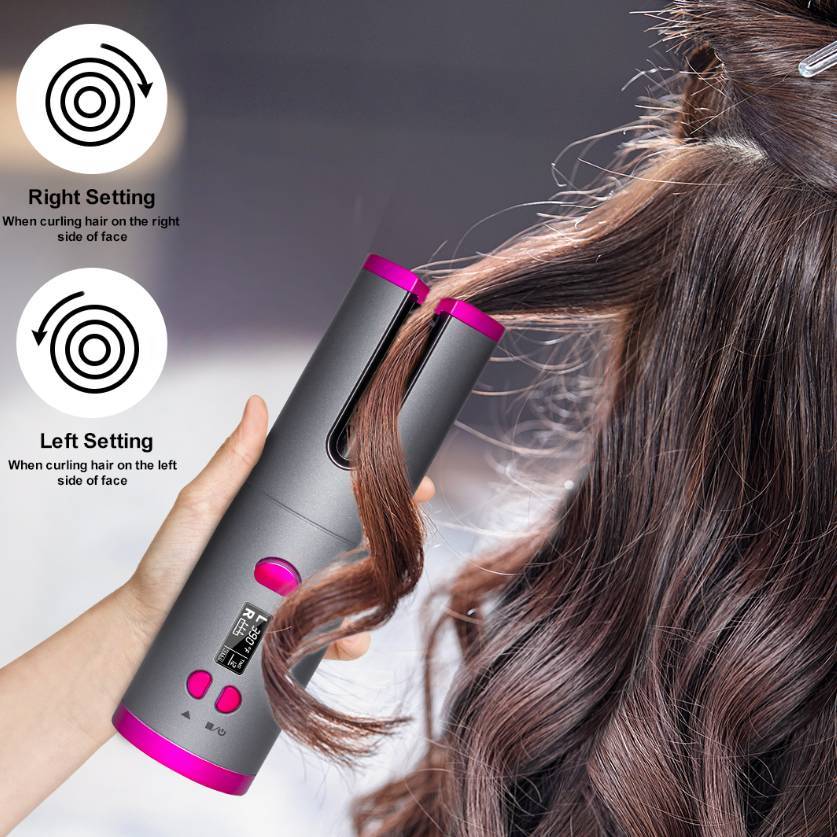 Person using a hair curling iron with instructions on side-by-side curling.