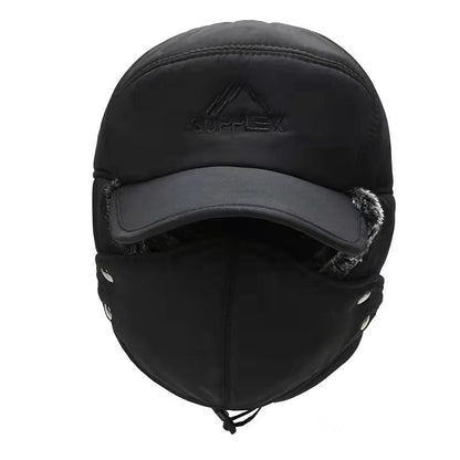 Black winter hat with face mask and Supplex logo on a white background
