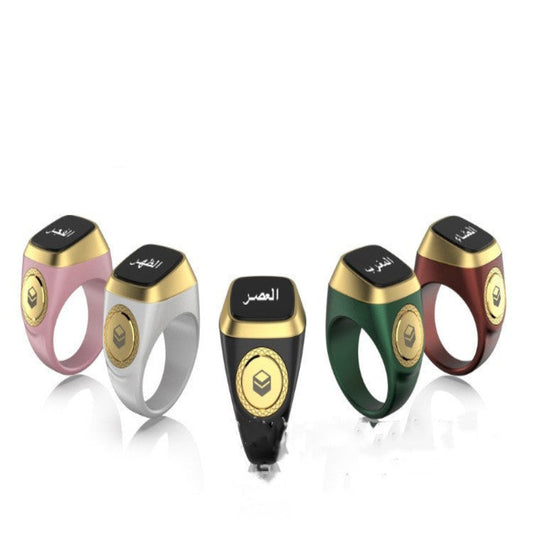 Five colorful rings with text highlighting their features on a white background