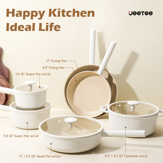 Ceramic Cookware Sets 17pcs, Pots And Pans Set Non Stick, Healthy Induction Kitchen Cooking Set With Removable Handles, Stackable Pots Pans, Oven Safe, PFOA,PFOS Free, Beige