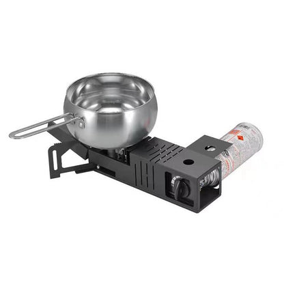 Portable camping stove with a metal pot on a white background