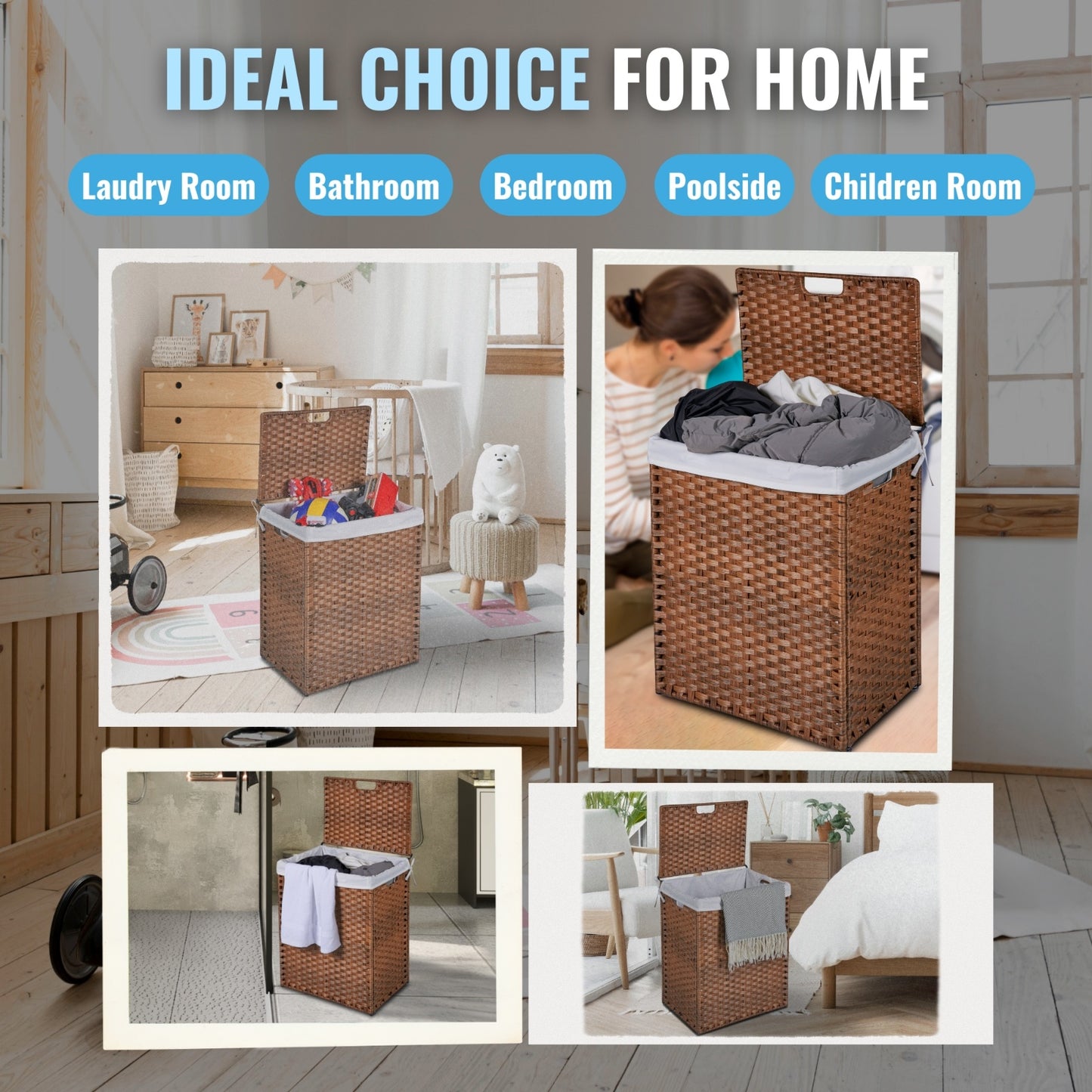 Laundry Hamper With Lid PE Rattan Powder Coating Frame Clothes Hampers With 02 Removable Bags,