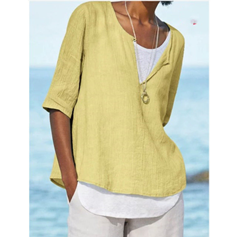 2025 Spring And Summer V-neck Solid Color Cotton And Hemp Medium Sleeve Women's Shirt