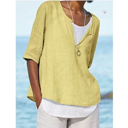 2025 Spring And Summer V-neck Solid Color Cotton And Hemp Medium Sleeve Women's Shirt