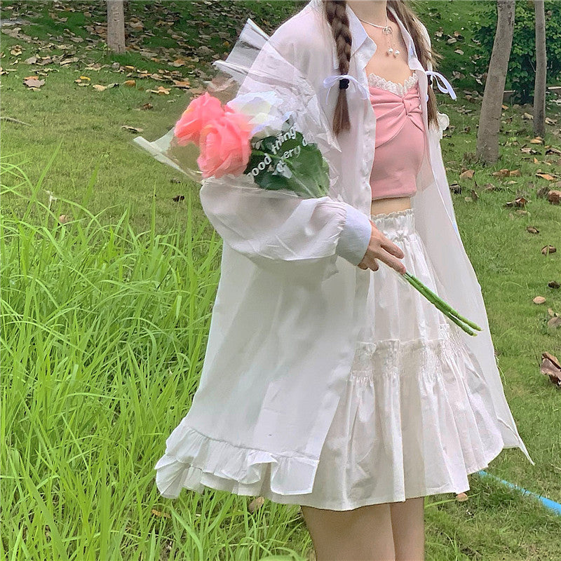 Japanese Soft Girl Wear Mid-length Shirt Ruffle Loose Loose Cardigan Sun Protection Shirt Jacket Female Summer Thin Section