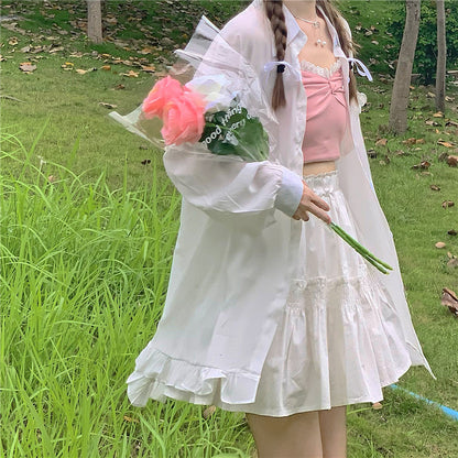 Japanese Soft Girl Wear Mid-length Shirt Ruffle Loose Loose Cardigan Sun Protection Shirt Jacket Female Summer Thin Section