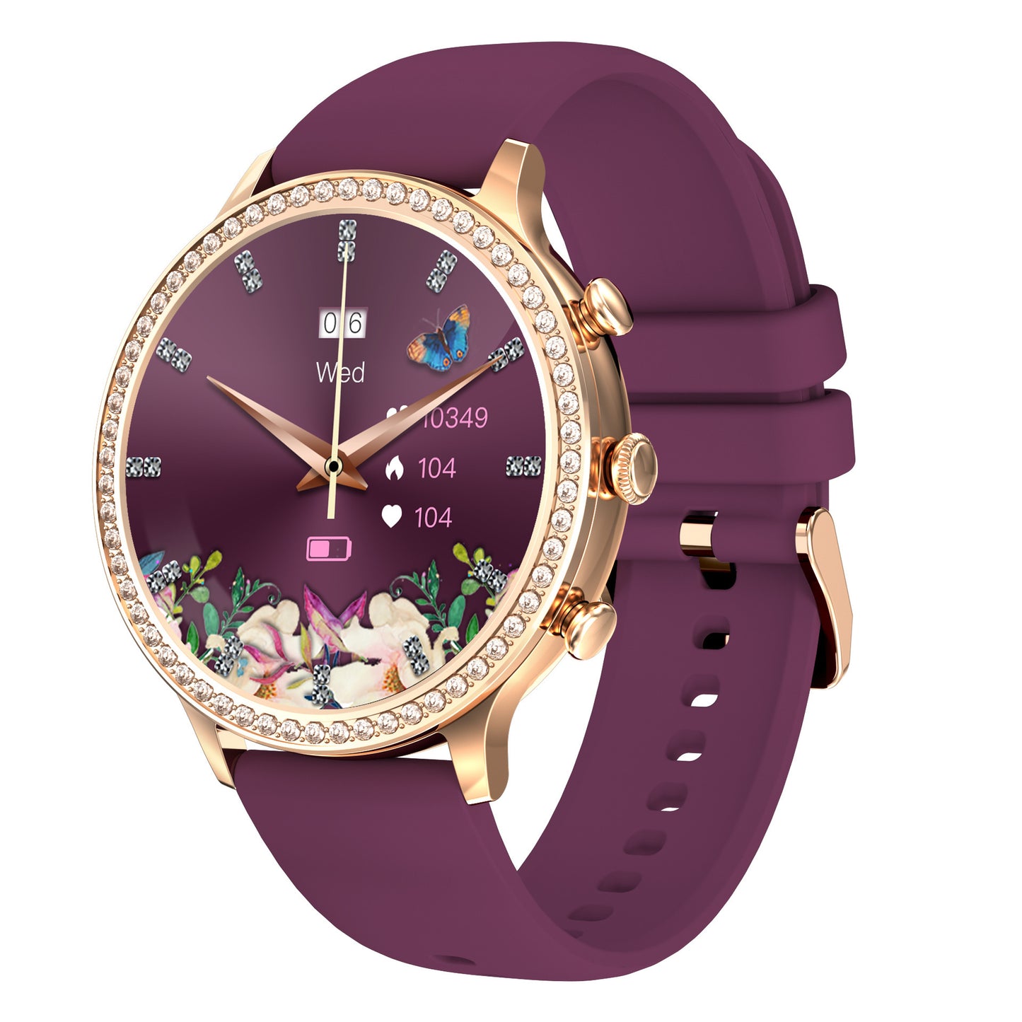 Purple smartwatch with floral display on a white background