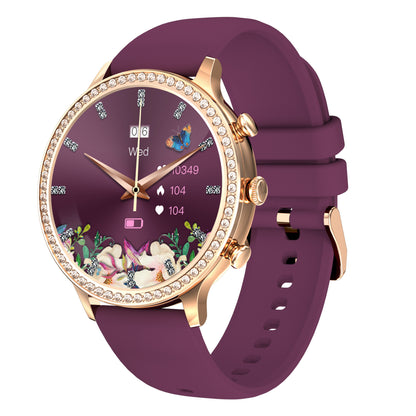 Purple smartwatch with floral display on a white background