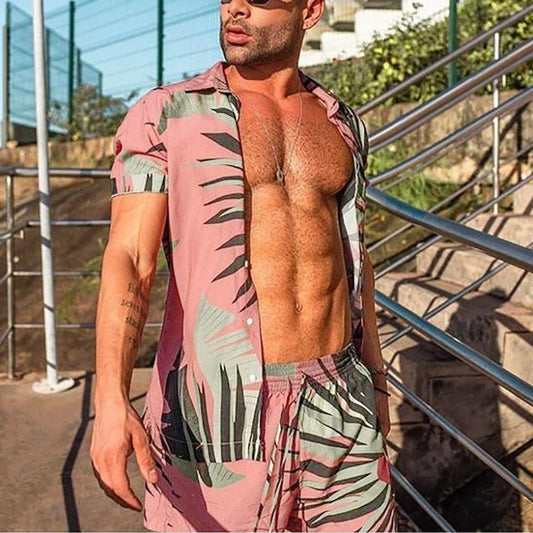Streetwear Short Sleeve Beach Shirt with Short Pants - Casual Men's Clothing Outfit