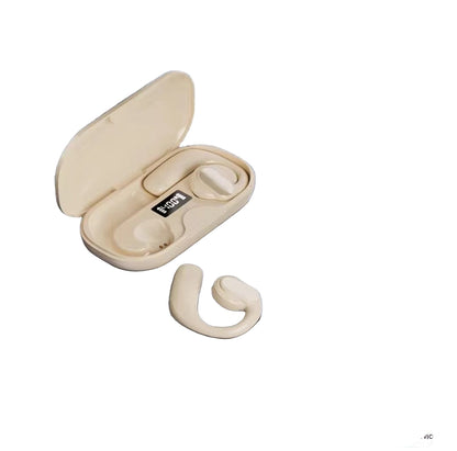 Beige wireless earbuds with charging case on a gray background with feature text.