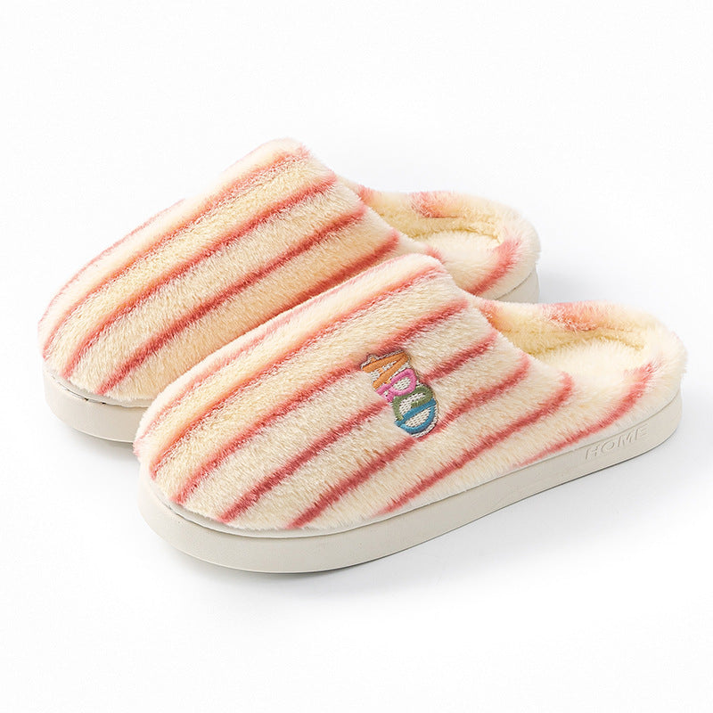 Ins Plush Striped Slippers - Winter Warm Letter Embroidered Shoes