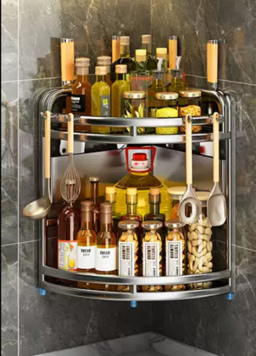 Corner kitchen rack with bottles, jars, and utensils on a gray tiled wall.