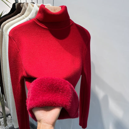 Fleece Turtle Neck Sweater - Winter Warm Elegant Thick Knitted Pullover Tops for Women