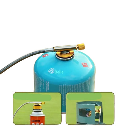 Blue gas cylinder with three-way connector on a wooden surface, featuring the Beile brand.