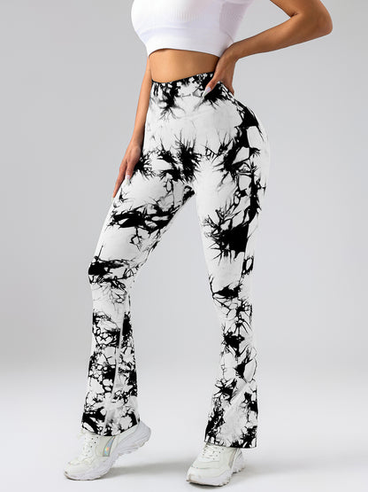 High-Waist Tummy Control Flare Yoga Pants For Women, Tie-Dye Stretch Slimming Bootcut Workout Pants, Fitness & Sports Activewear