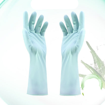 Pair of blue gloves with aloe vera gel ingredients on a white background