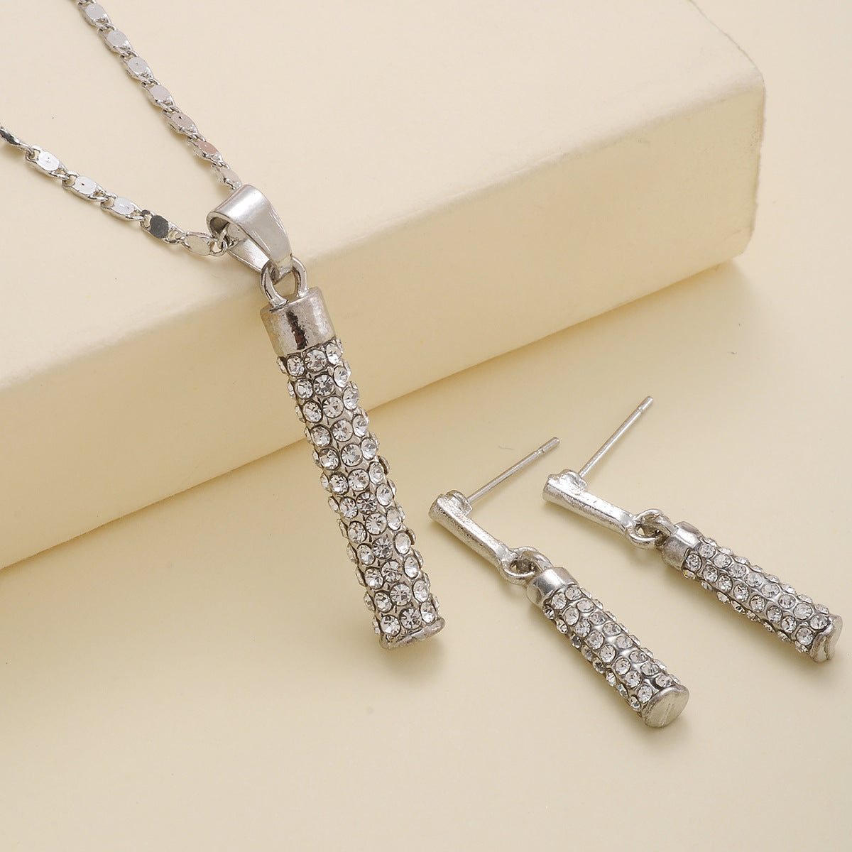 Luxury Brick Rhinestone Full Diamond Necklace Earings Set