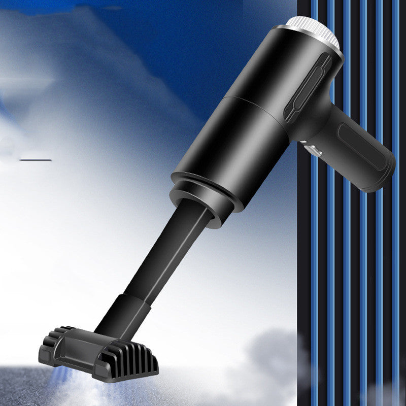 Black handheld vacuum cleaner with a blue gradient background