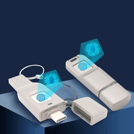 Two USB drives with fingerprint sensors on a dark blue background
