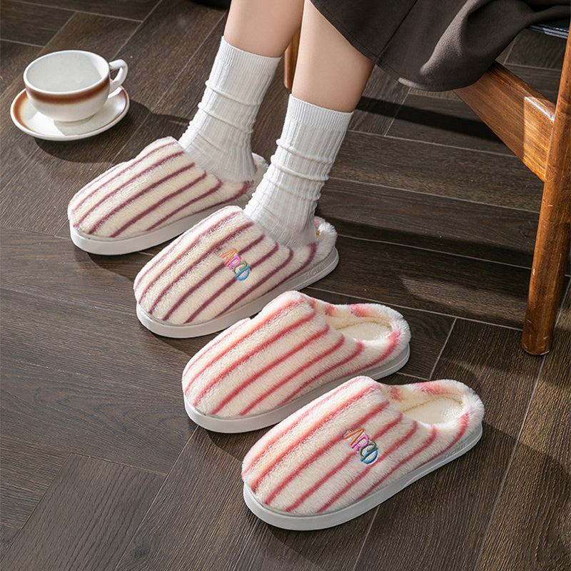 Ins Plush Striped Slippers - Winter Warm Letter Embroidered Shoes