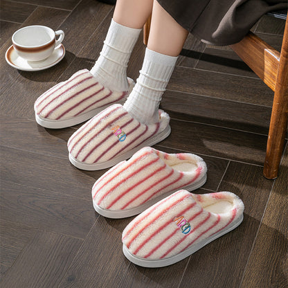 Ins Plush Striped Slippers - Winter Warm Letter Embroidered Shoes