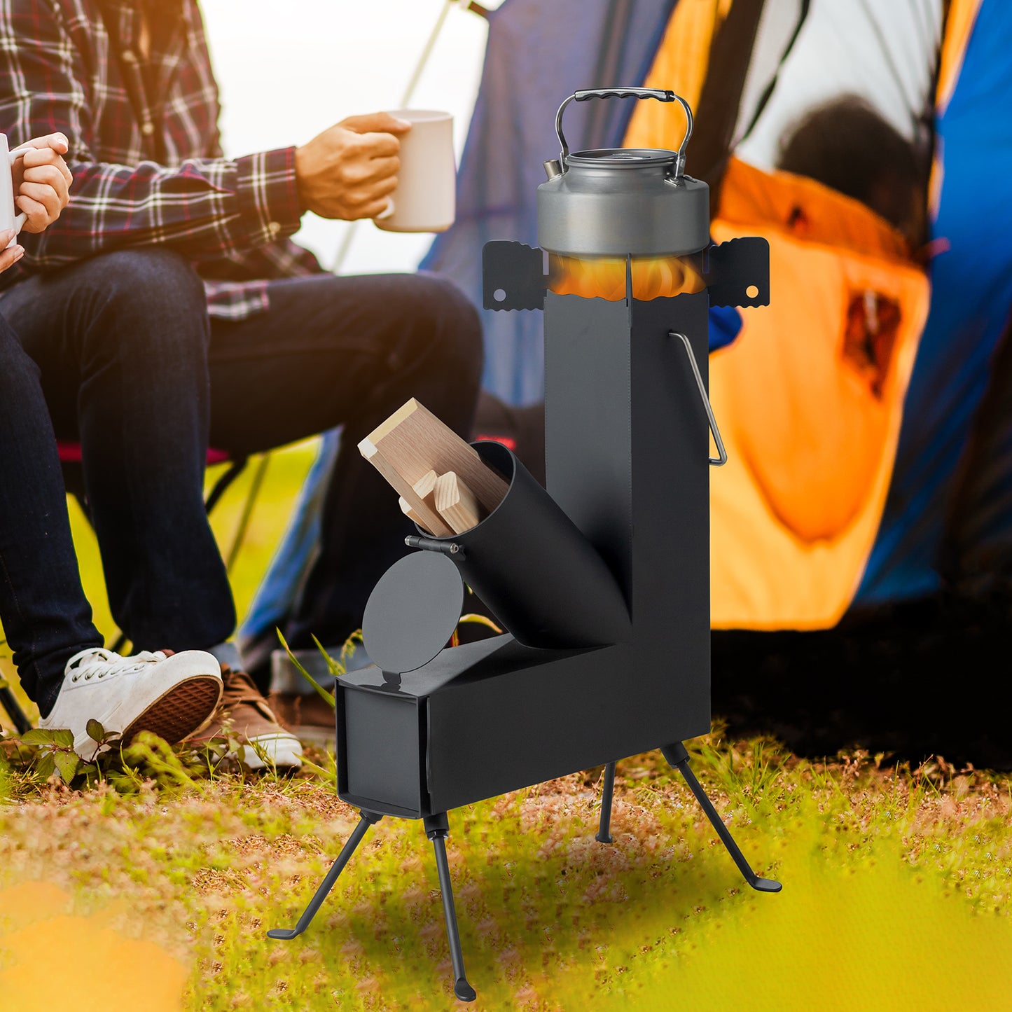 Camping stove with a person holding a mug in a natural setting