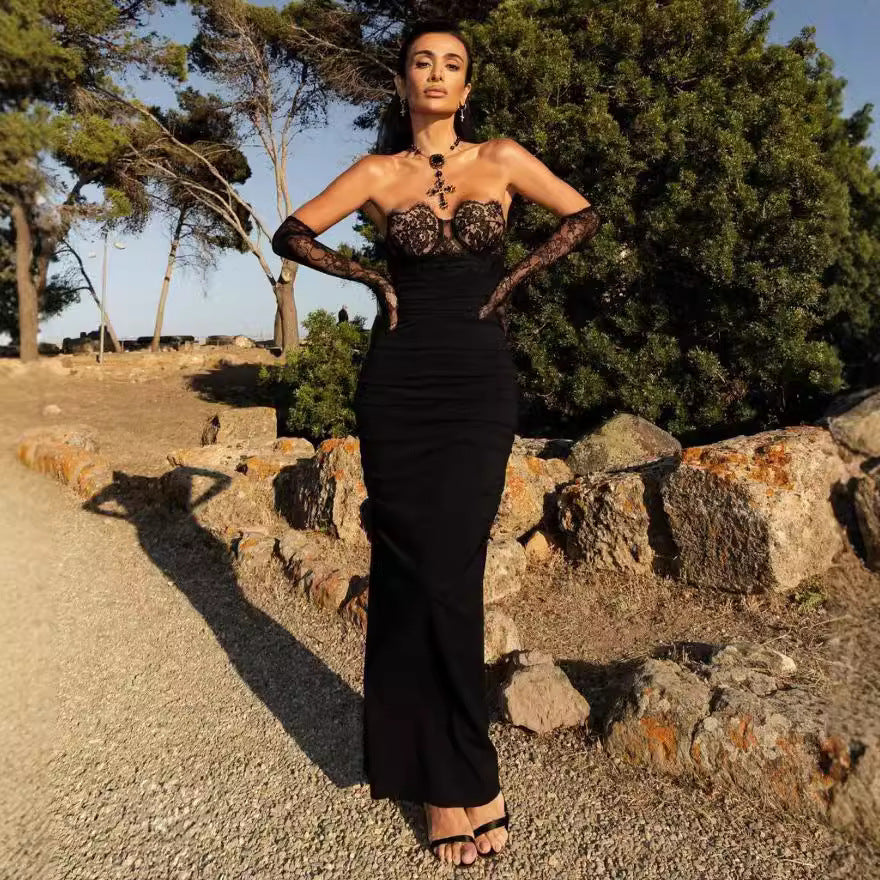 Bandage Black Lace Stitching Banquet Party Formal Dress