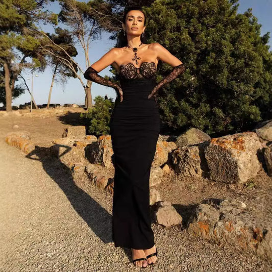 Bandage Black Lace Stitching Banquet Party Formal Dress