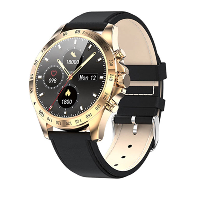 Smartwatch with black strap and gold casing on a white background