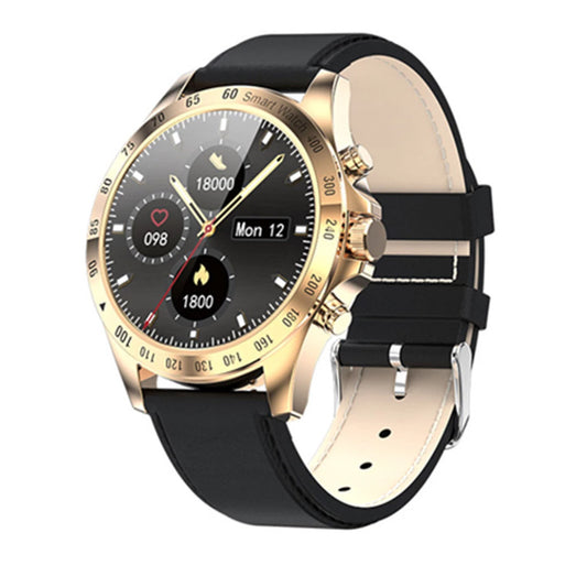 Smartwatch with black strap and gold casing on a white background