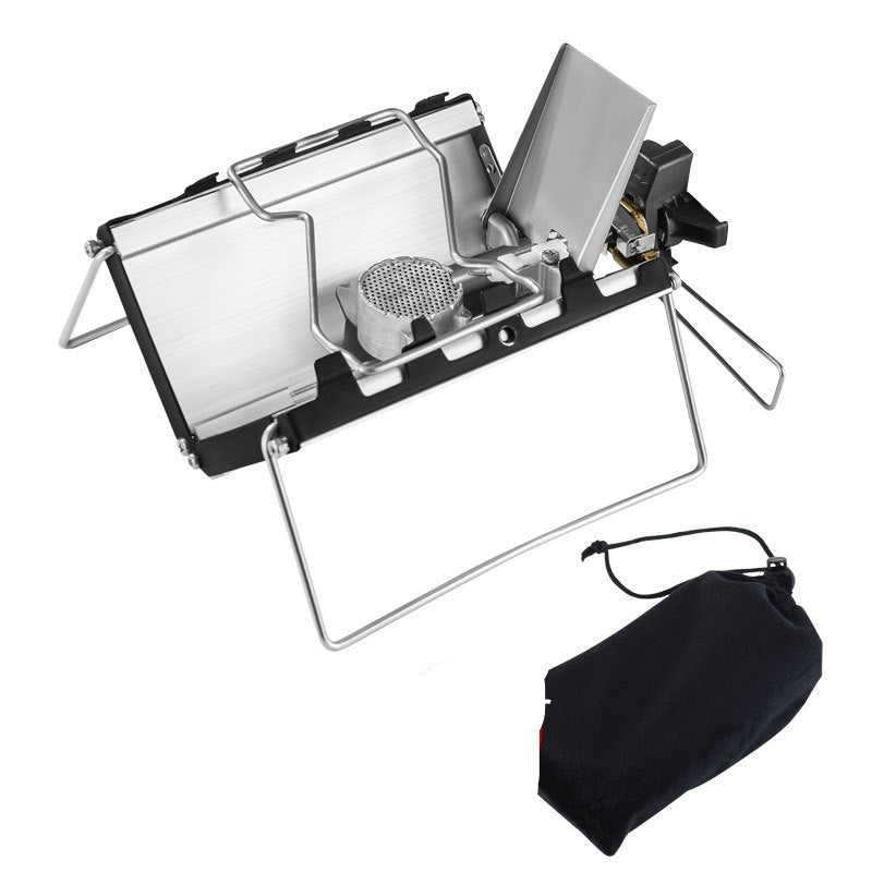Portable camping stove with a storage bag on a white background
