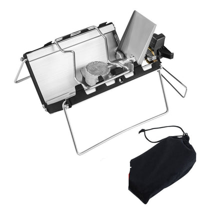 Portable camping stove with a storage bag on a white background