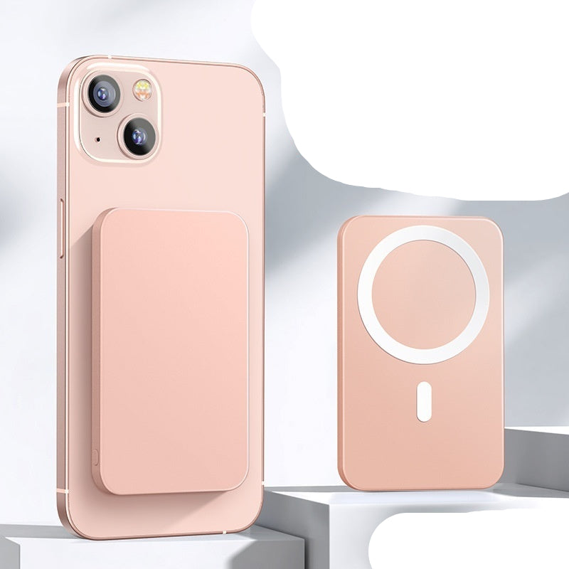 Pink phone case with MagSafe feature and power bank on a white background